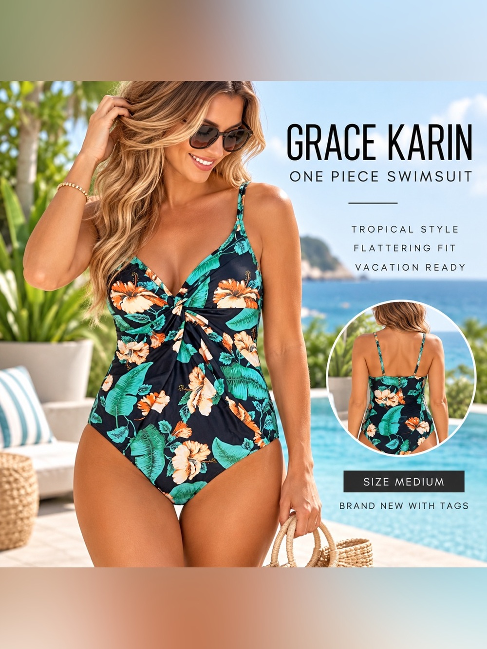 Grace Karin Tropical Floral Slimming One Piece Swimsuit NWT M Medium Flattering
